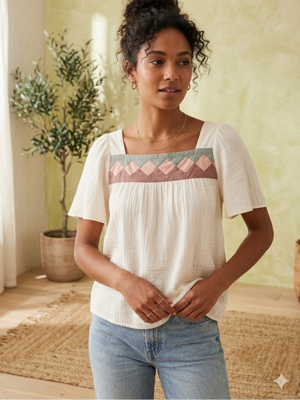 Madewell Patchwork Square-Neck Top Cotton Gauze Cream Green Pink Boho M SP20